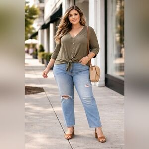 🆕️ Lane Bryant 18/20 Button Down Tie Hem Olive Green Top 3/4 Sleeve Lightweight